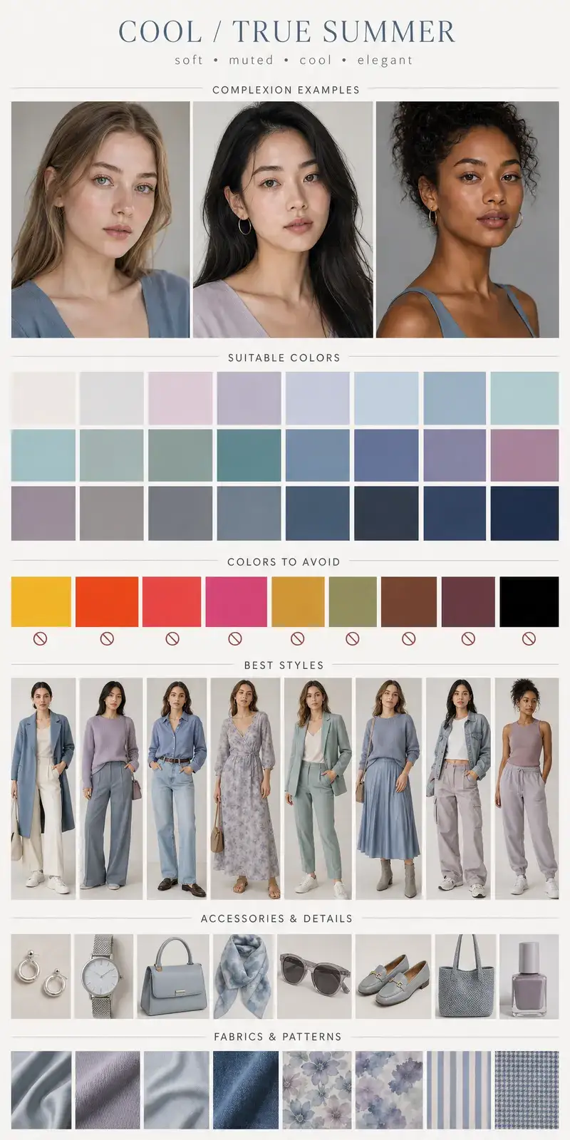 Create a vertical Pinterest-style fashion and beauty moodboard for the seasonal color type: Cool / True Summer
Aspect…