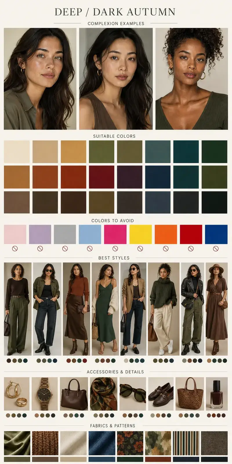 Create a vertical Pinterest-style fashion and beauty moodboard for the seasonal color type: Deep / Dark Autumn
Aspect…