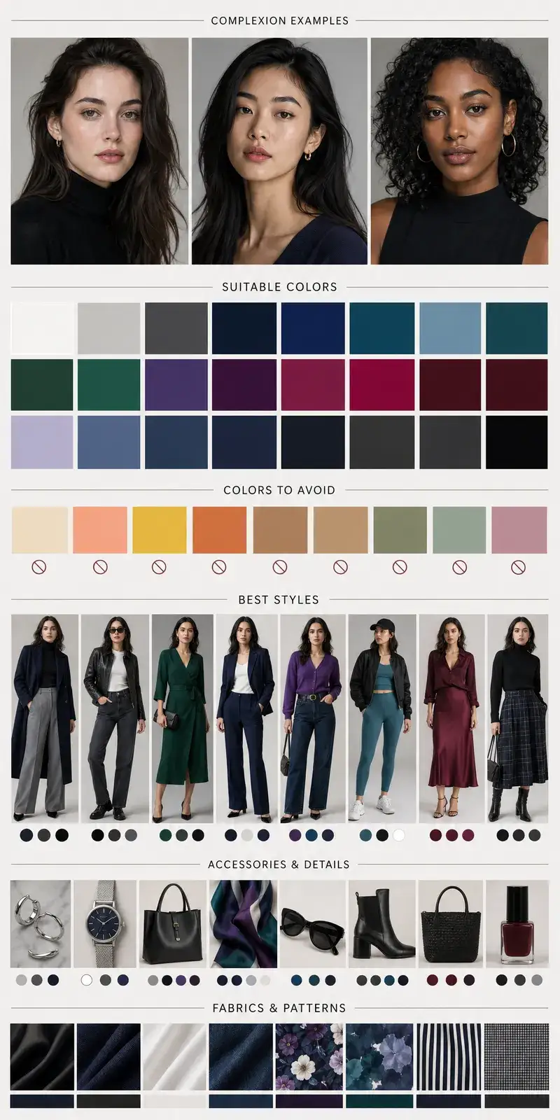 Create a vertical Pinterest-style fashion and beauty moodboard for the seasonal color type: Deep / Dark Winter
Aspect…